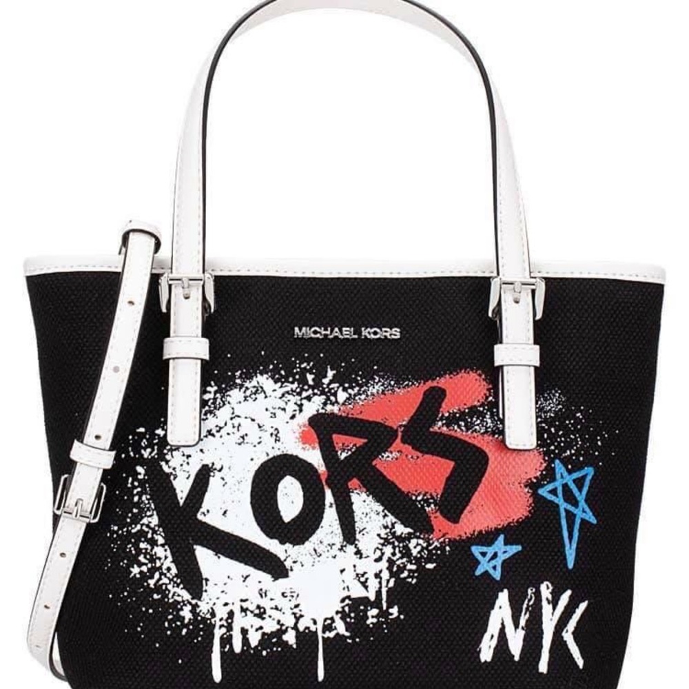 Michael Kors Black and White Graffiti Tote Bag Small W/ Crossbody Strap NWT